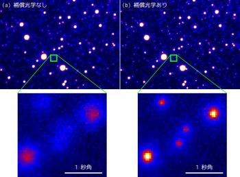 図2: 球状星団M3の補償光学装置非使用時(左上図)と使用時(右上図)の画像。どちらも観測波長は660nm、露出時間は10秒、視野は50秒角×35秒角の領域を切り出したものです。下段の図は補償光学装置非使用時(左下図)と使用時(右下図)の一部領域の拡大図です。補償光学なしでは分解できなかった星が、補償光学を使うことできれいに分離できていることが分かります。(クレジット:国立天文台)