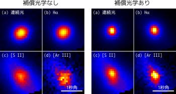 図3: 銀河中心に活動銀河核を持つ近傍銀河NGC4151を、面分光機能を使って観測して得られた画像。(クレジット:国立天文台) 左の4枚の図が補償光学装置非使用時、右の4枚の図が補償光学装置使用時の画像です。露出時間はどちらも120秒です。左上図が星や活動銀河核から放射される連続光の波長で、右上図が水素の輝線の波長で、左下図が硫黄の輝線の波長で、右下図がアルゴンの輝線の波長で見た画像です。