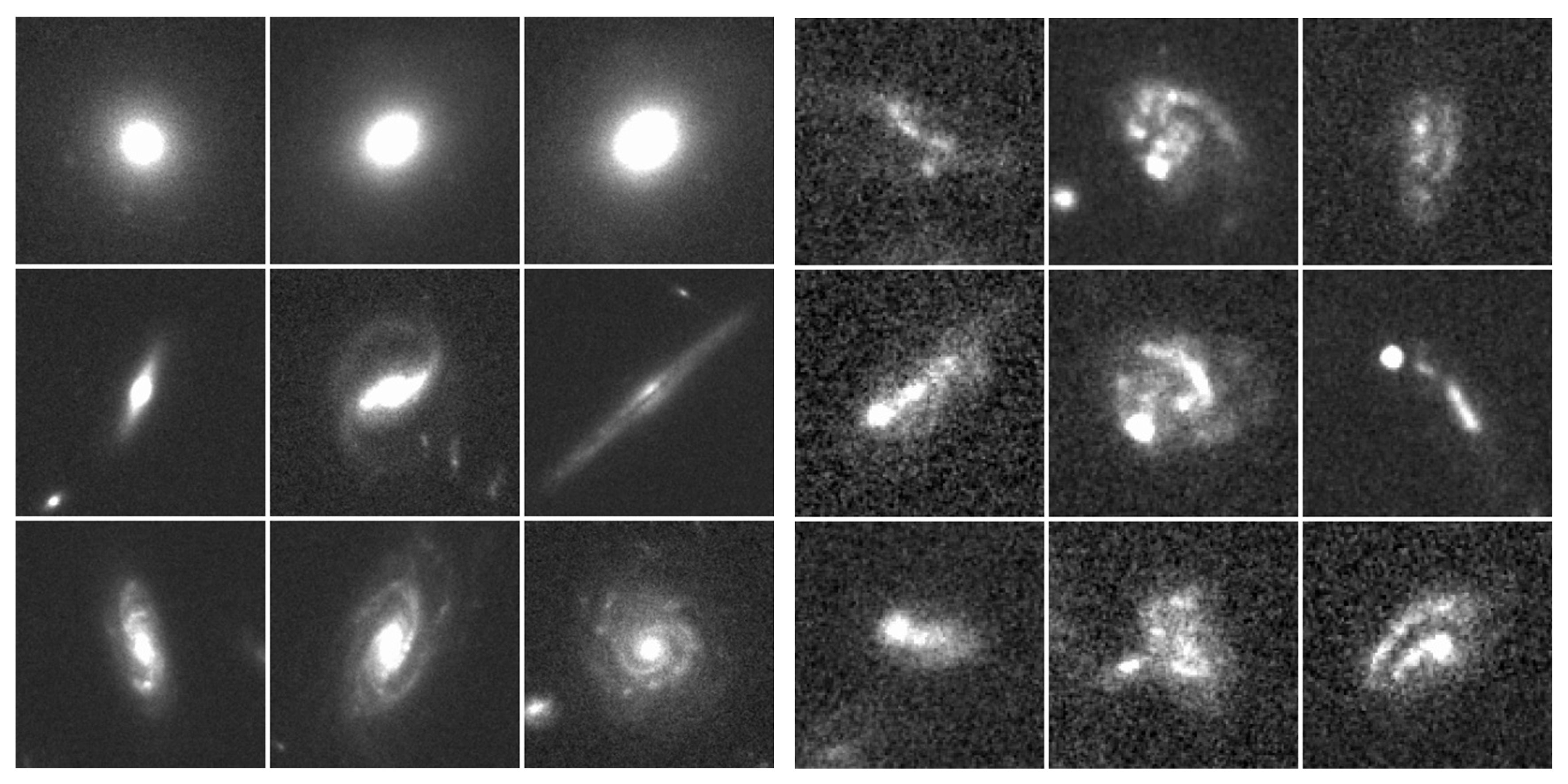 現在の宇宙で見られる銀河の例（左）と昔（宇宙が現在の半分以下の年齢だった頃）の銀河の例。現在では楕円銀河や渦巻銀河など楕円や円盤といった整った形の銀河が多いのですが、昔の銀河を見るとあまり対称性がよくない変わった形の銀河がたくさんあることが分かります。