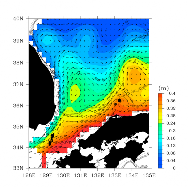 人工衛星データから計算した日本海南西海域の海流の図です